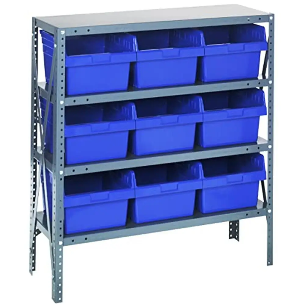 

Heavy Duty Steel Shelving Unit 4 Shelves 9 Blue Bins Garage Storage Industrial Rack