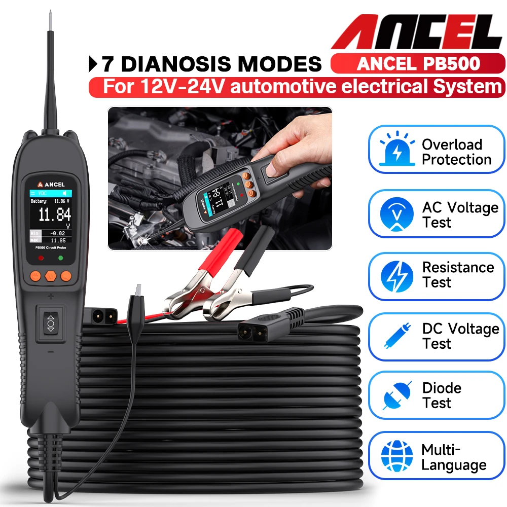 

ANCEL PB500 Car Battery Tester Electrical Integrated Auto Battery System Diagnostic Tools12V/24V Power Probe Circuit Tester Kit