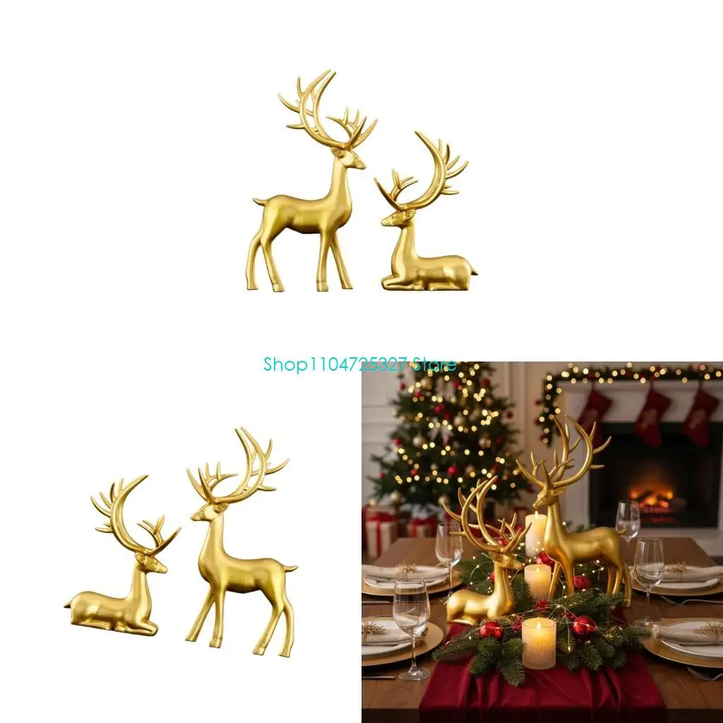 D8KF Resins Reindeer Statues Christmas Home Decors 2 Piece Set With Standing And Sitting Poses Modern Deer Sculptures Gift