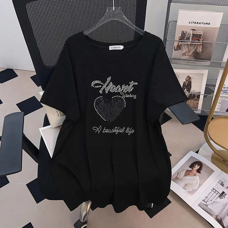 170 kg Plus Size Damen Büste 170 Sommer Lose Buchstabe Diamant Top Rundhals Kurzarm T-Shirt Schwarz Weiß 5XL 6XL 7XL 8XL 9XL