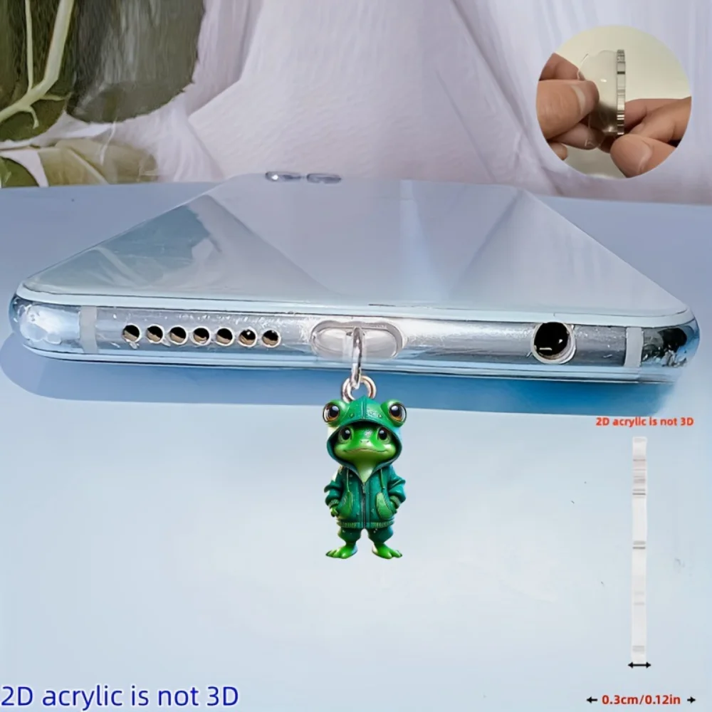 2D شقة كبيرة العين الضفدع الاكريليك الهاتف الغبار التوصيل لطيف شنقا ديكور آيفون نوع C شحن ميناء مكافحة الغبار الحيوان سحر التبعي