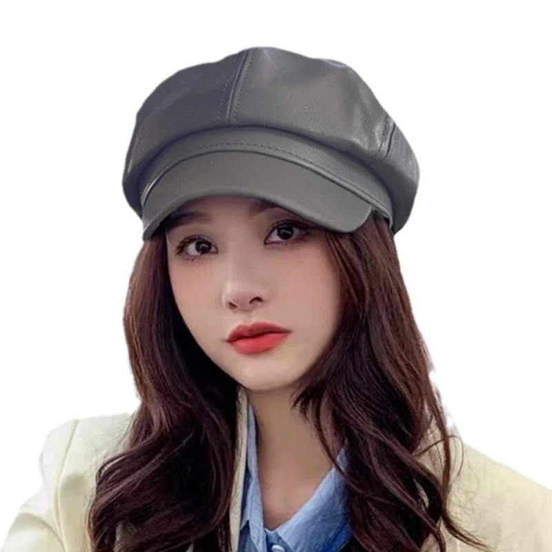 Women Beret Duck Tongue Cap Winter Hat PU Octagonal Cap Leather Cap Fashion Korean Version Female Short Eaves Classic Winter