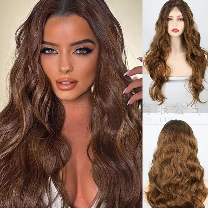 European and American 's , lace front women's , synthetic long curly hair, large wavy wigs, wig headgear