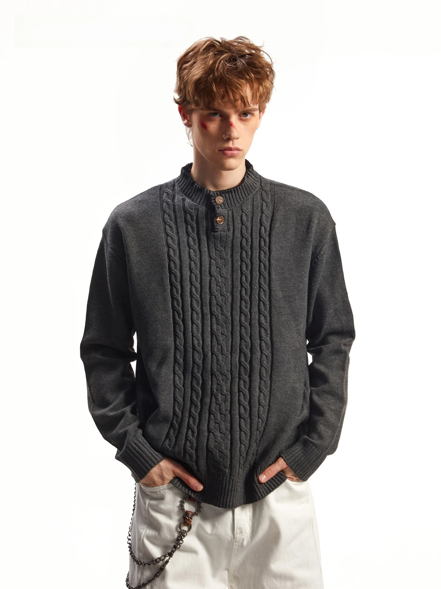 SDMADE Retro Henry Collar Knitwear Men Women Lazy American Style Sweater Warmth Comfortable Long Sleeve Cable Knit Top