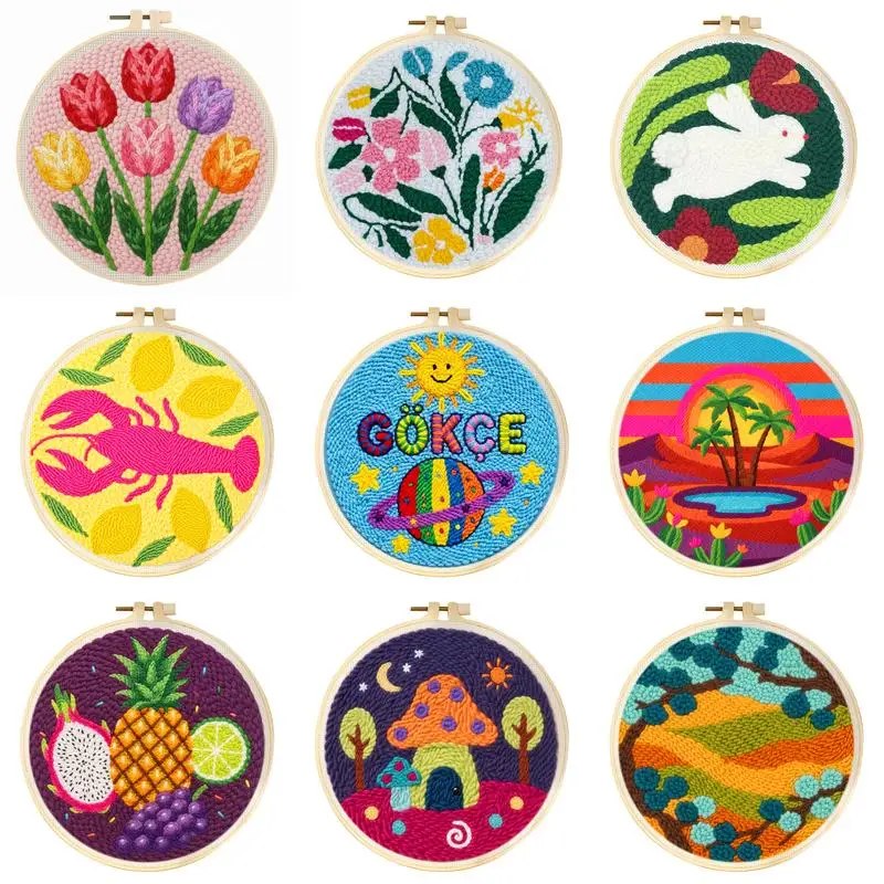 Colorful Mixed Pattern Punch Needle Embroidery Starter Kit with Frame Punch Needle Kit Tufting Craft Handmade Gift For Friends