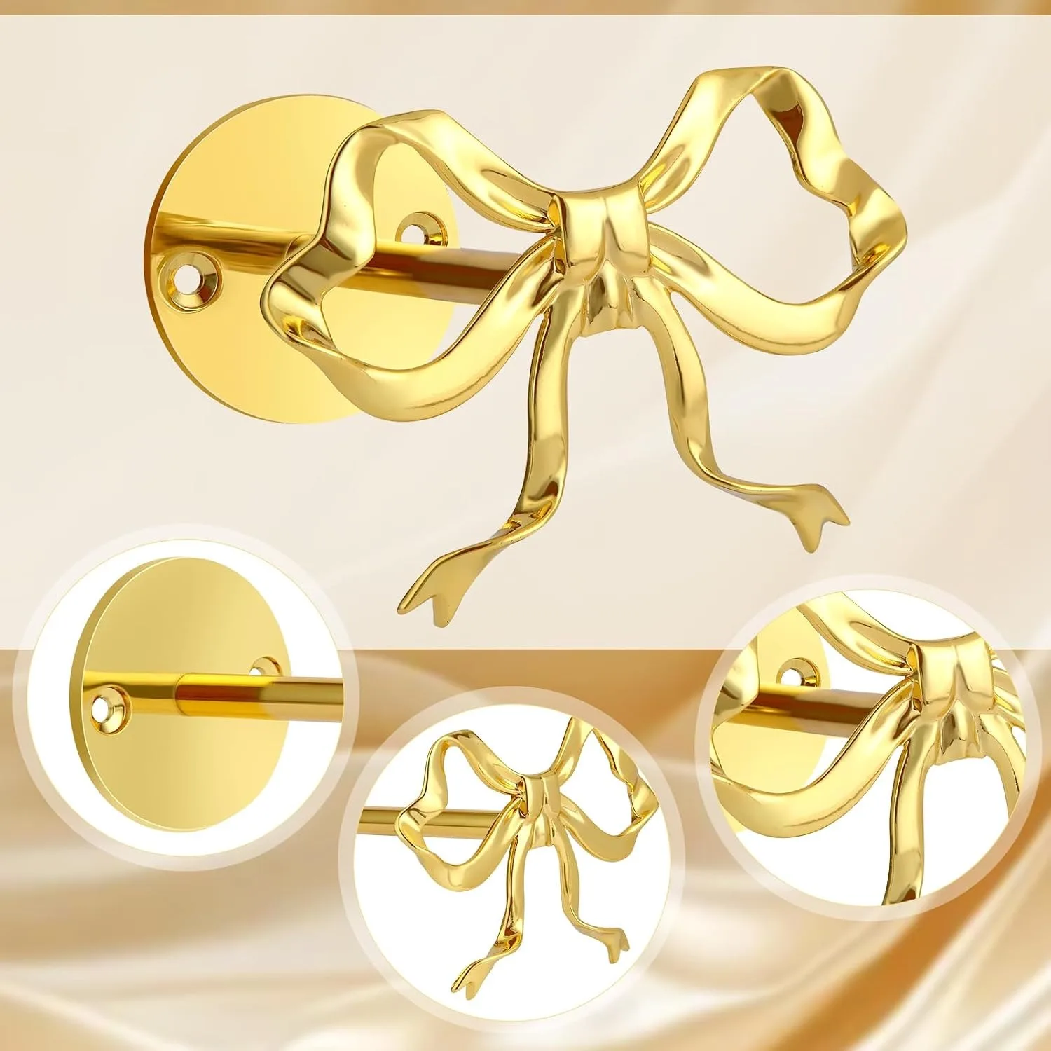 2PCS Gold Bow Curtain Holdbacks, Wall Mounted Metal Tiebacks Hooks, Elegant Window Curtain Pull Backs for Girls