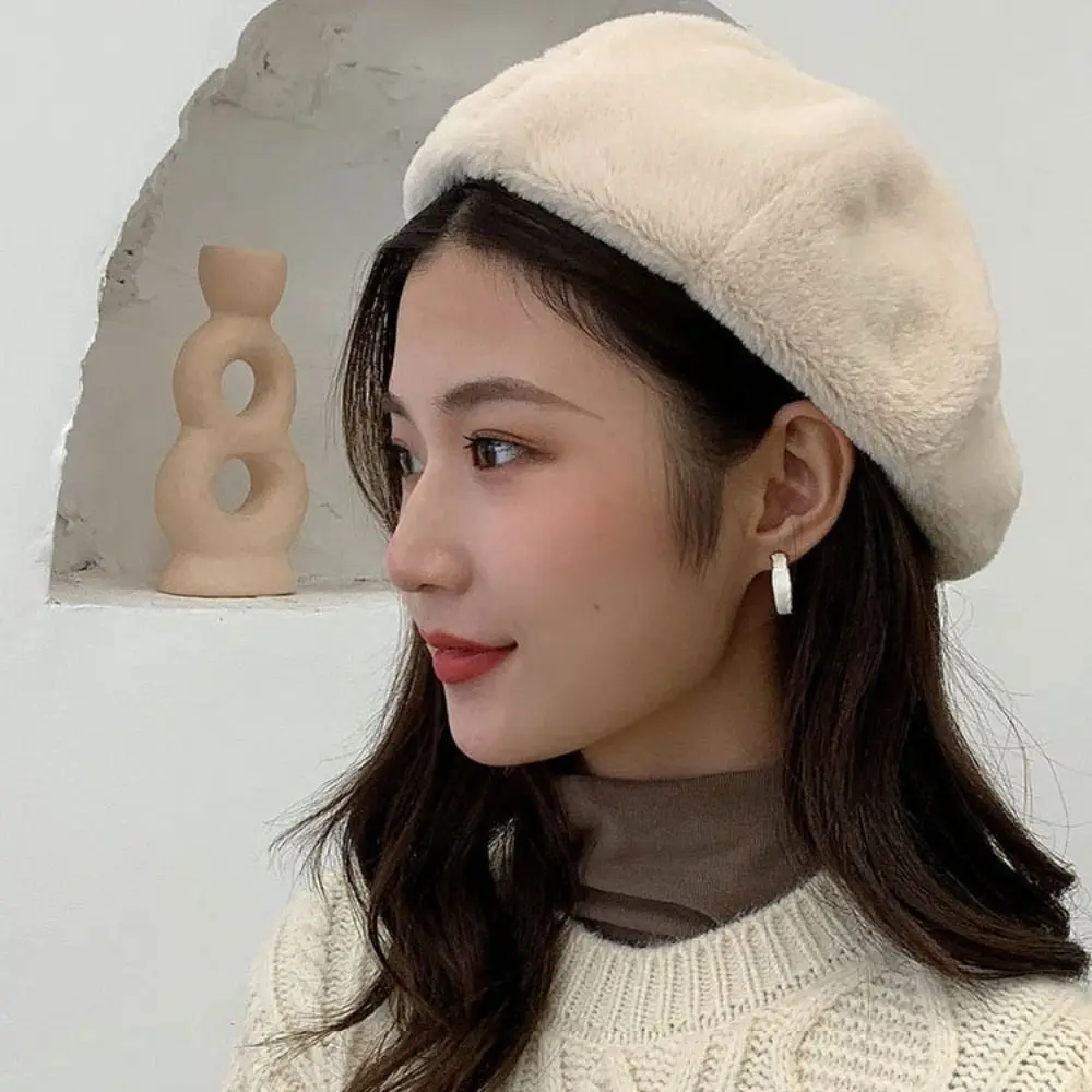 

Vintage Keep Warm Women Berets Plush Korean Style Painter Caps Solid Color Octagonal Hat Autumn