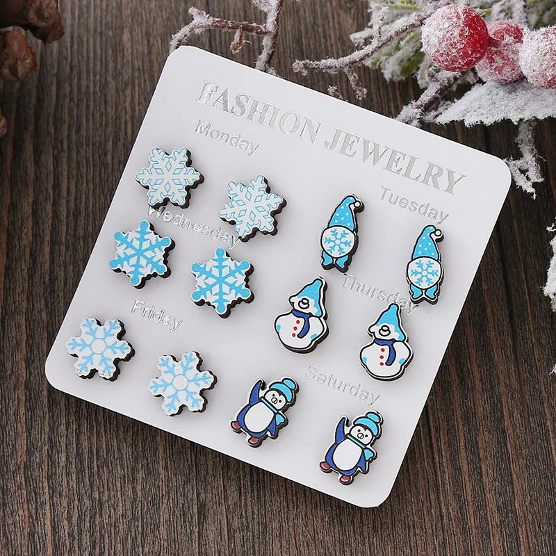 3/6 Pair Christmas Studs Earrings Set For Women Cute Santa Claus Elk Snowman Xmas Tree Wooden Earrings New Year Jewelry Gift