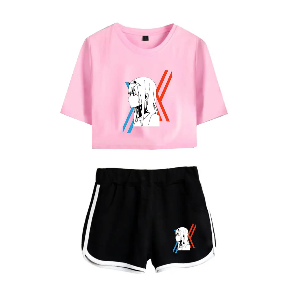 Cartoon Cute DARLING in the FRANXX Exposed Zero Print Cool Sexy Shorts+lovely T-shirts Dew navel Pretty Girl suits Two Piece Set - Image 4