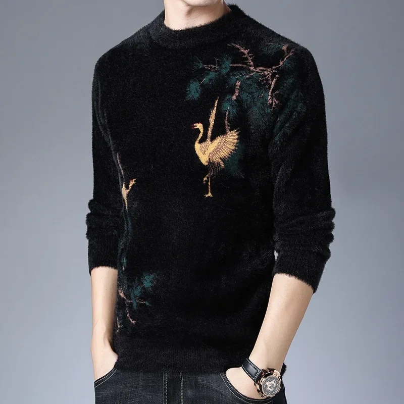 Chinese Style Crane Pattern Sweater Men Fashion Casual Pullover Winter Quality Velvet Soft Comfortable Knitted Luxury Pull Homme