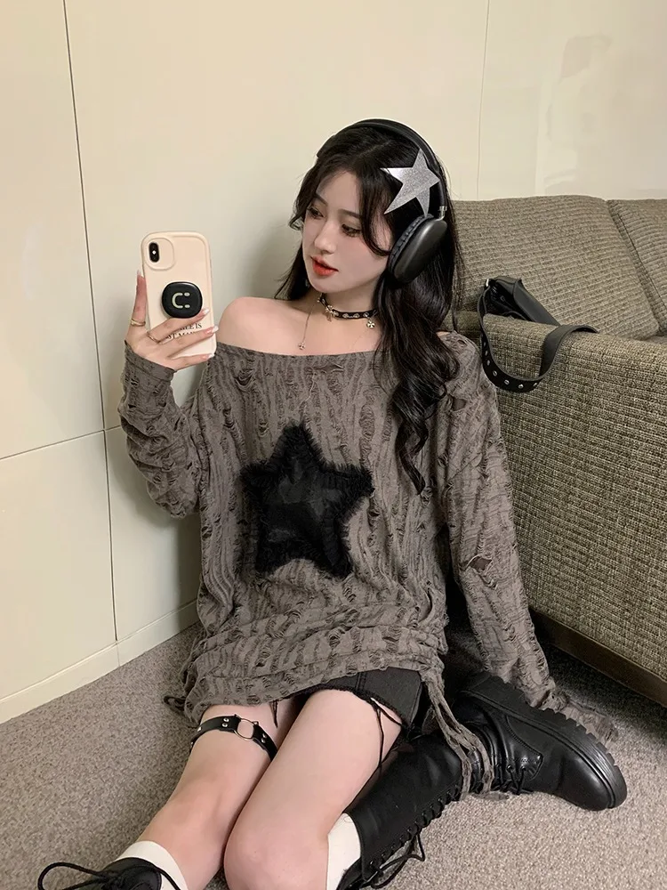 هول ستار فضفاض Y2K تي شيرت المرأة س الرقبة الرباط كم طويل تيز موضة الشارع الشهير Kpop البلوز القمم تي شيرت الإناث
