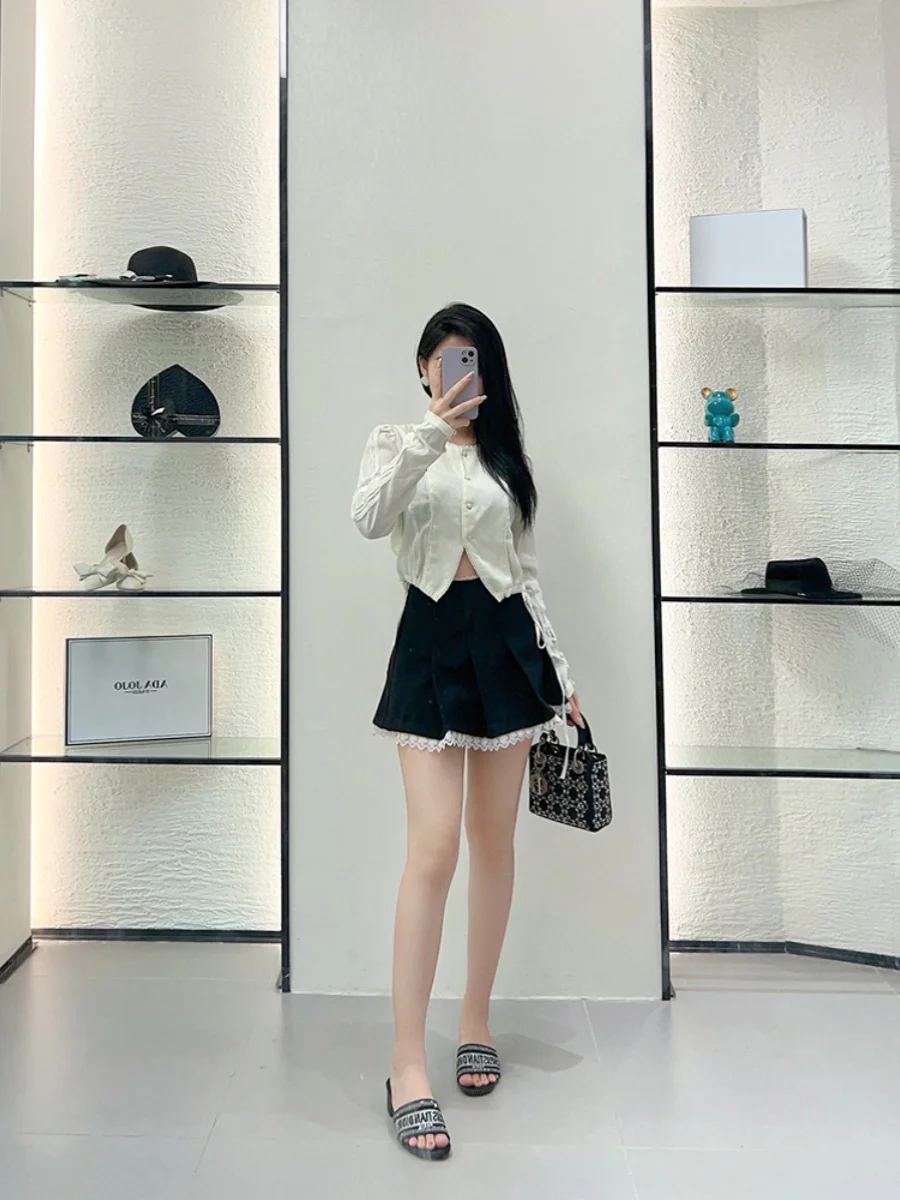 Retro Sle round Ne Tie ort irt Women's Top Floral Embroidery High Waist Commute Sle Summer New Arrival