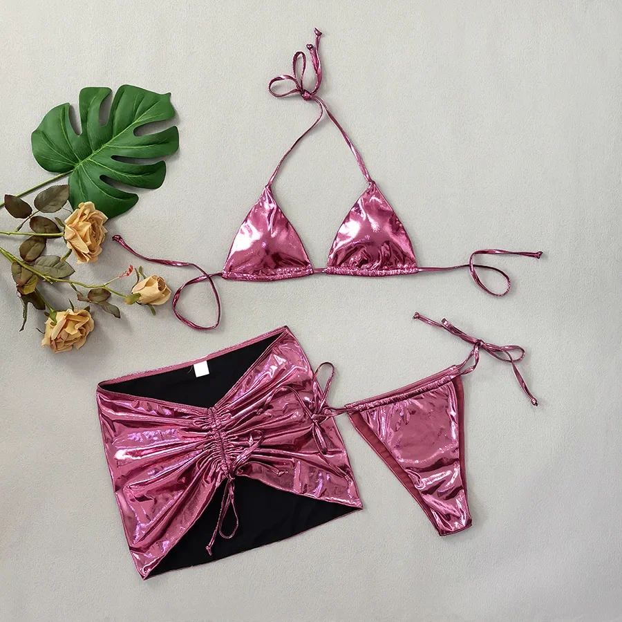 Green Shiny 3 Piece Bikini Set with Cover Up Micro Thong Sexy Swimsuit Women 2024 String Halter Swimwear Beachwear Bikinis Mujer