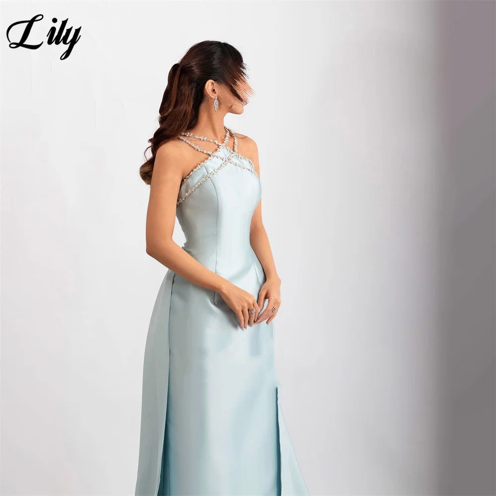 Lily Light Blue Prom Dress Beading Halter Party Dresses Sleeveless Celebrity Gowns Stain Wedding Party Dresses вечерние платья