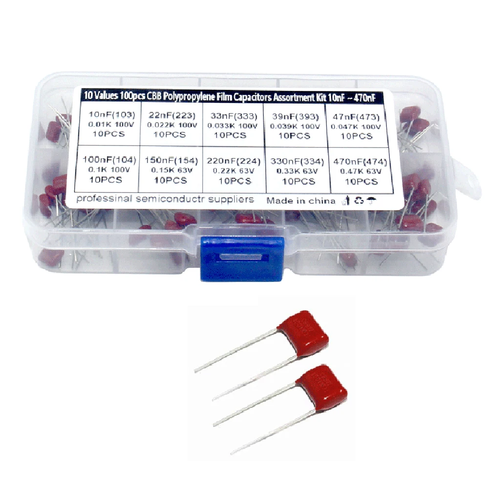 

100Pcs 10 Values 10nF-470nF 100V CBB Polypropylene Film Capacitors Set CBB Capacitor Set High Precision and Stability Samples