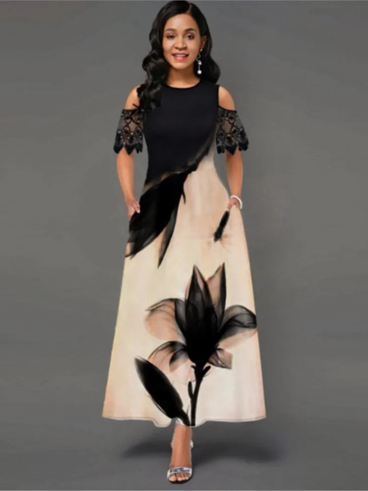 

Fashion Color Scheme Women's Dress Summer Sexy Lace Patchwork Off-the-shoulder Floral Print Robe Dresses Ladies A-line Vestidos