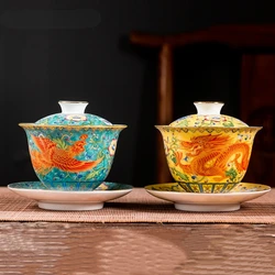 Ceramics Sancai Gaiwan Bowl Dragon and Phoenix Master Cup Tea Cup Handmade Enamel Color Tea Bowl High-end Respect Tea Set