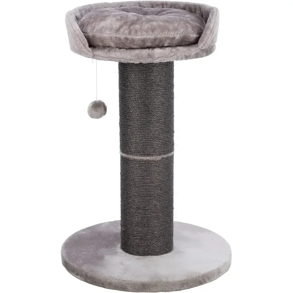 35 Inch Sisal Rope Cat Scratching Post with Fabric-Covered Base, Platform Bed, and Dangling Toy in Gray