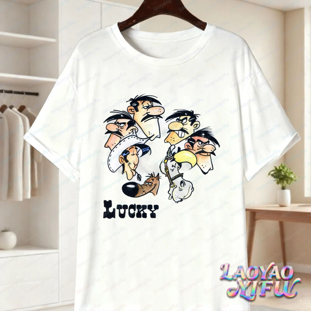 Lucky Luke Full Cast Print Casual Tops Playful Western Cartoon Cotton Tee Funny Vintage Classic Anime Shirt Trend Men's Clothing