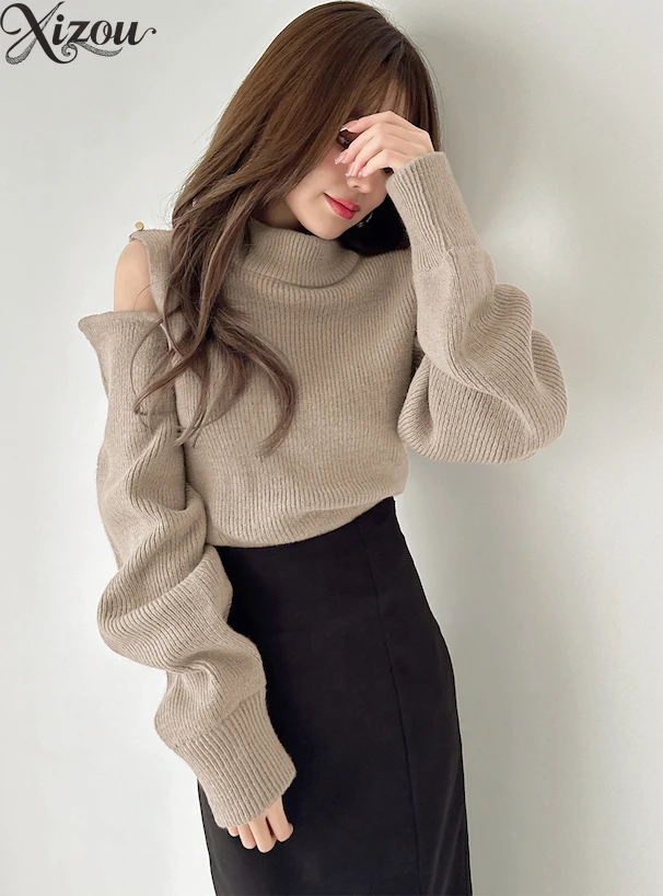 Swetry damskie z odkrytymi ramionami, dzianinowe, japońskie, koreańskie, na jesień i zimę 2025, dopasowane, z golfem, z wysokim kołnierzem, ażurowe, wiązane.