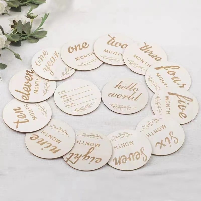 14Pc Set Infant Wood Discs Baby Photography Photo Props Newborn Monthly Milestone Engrave Card Souvenir Circle For Birthday Gift