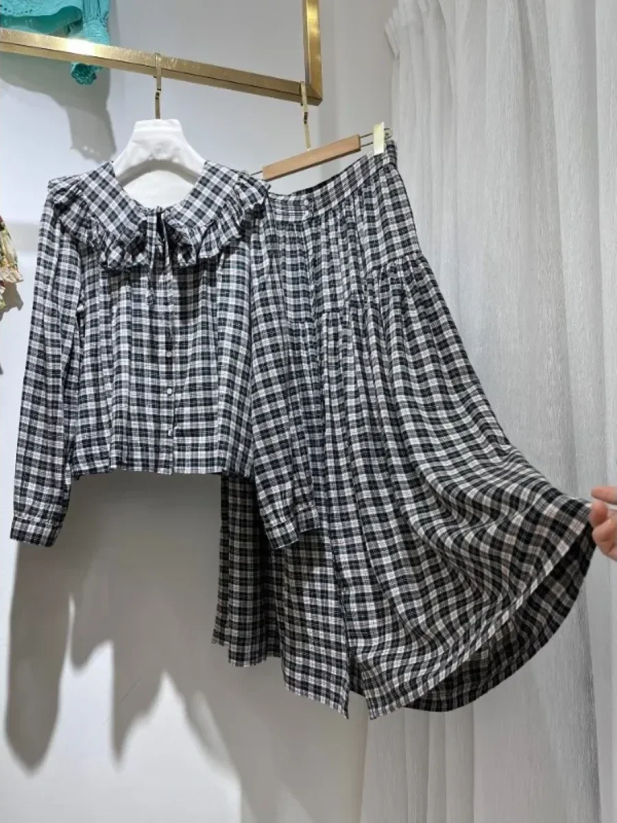 

Женский клетчатый комплект из 100% хлопка, блузка с воротником Питера Пэна на шнуровке + однобортная юбка-миди с высокой талией, повседневные женские костюмы