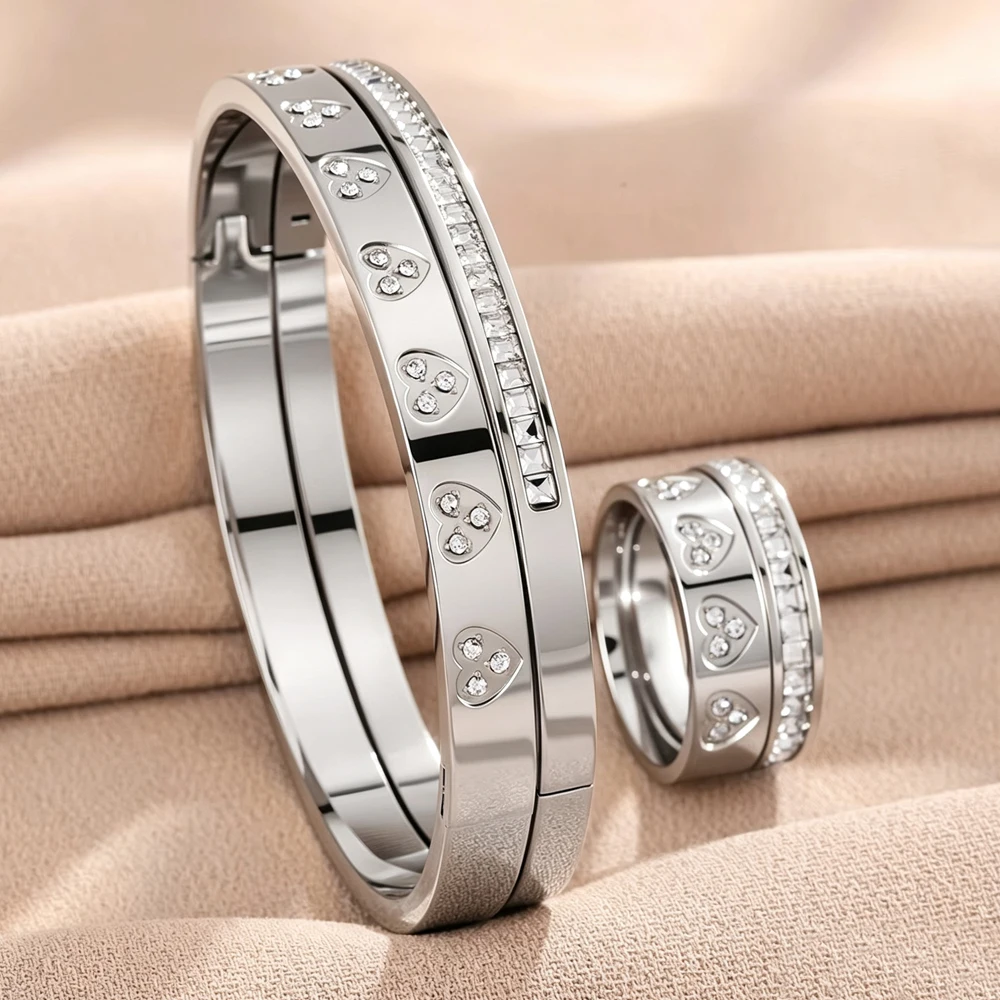 Yupsk 4pcs Fashion Geometric Zircon Inlaid Stainless Steel Bracelet Ring Set for Women Exquisite Versatile Jewelry Does not fade