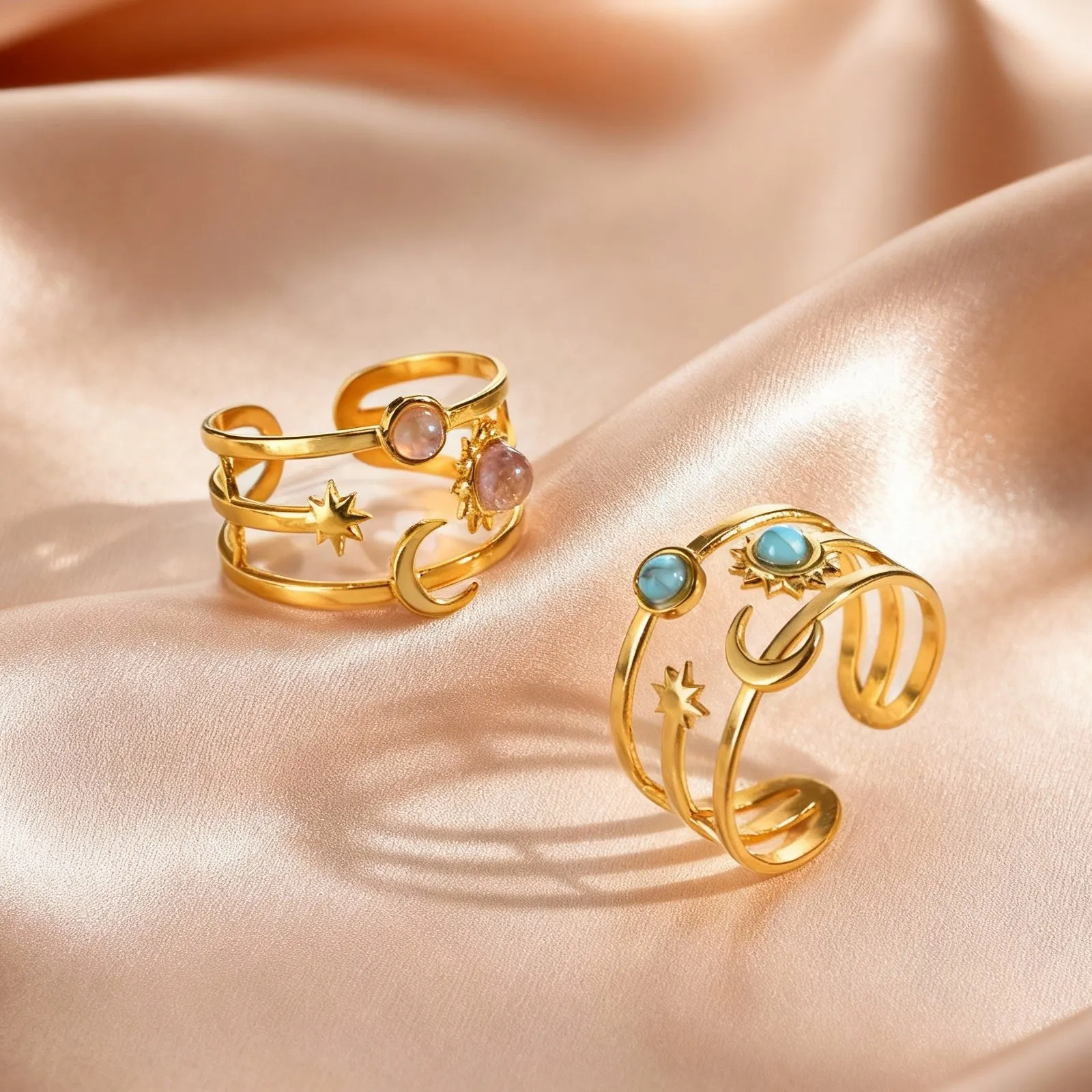 Natural Stone Turquoise Star Sun Multi Layers Stainless Steel Open Rings for Women Aesthetic Finger Jewelry Waterproof view 3