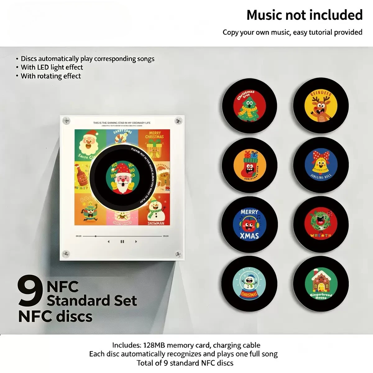 Christmas NFC Sensing Song Player With 9 empty discs&Night Light Automatic Singing Refrigerator Magnetic Rotary Disc Machine