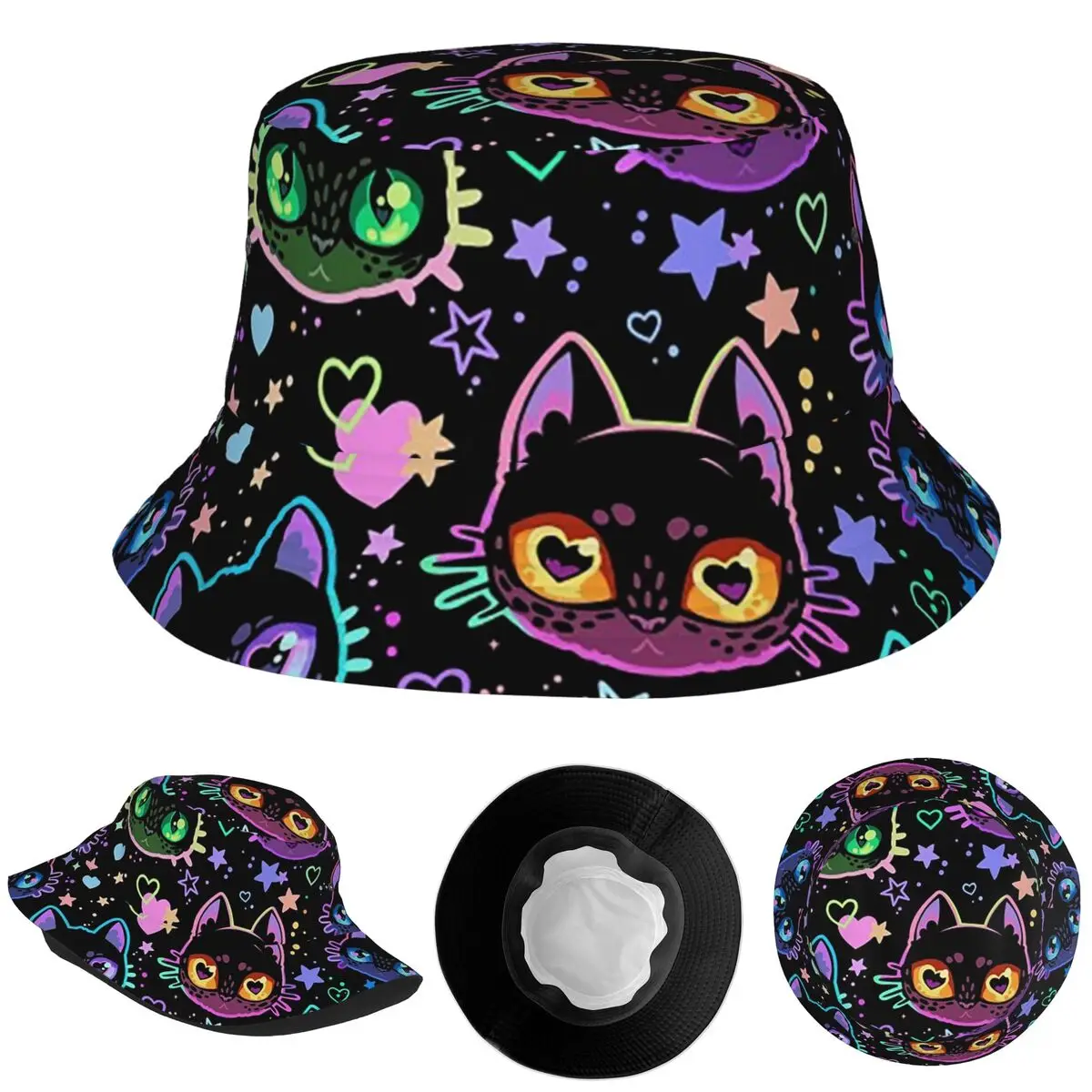 Siluetas de gato coloridas, sombrero de cubo de gatos negros de dibujos animados, sombrero de Panamá, sombreros de pescador Bob para niños, gorras de pesca de verano para hombre y mujer