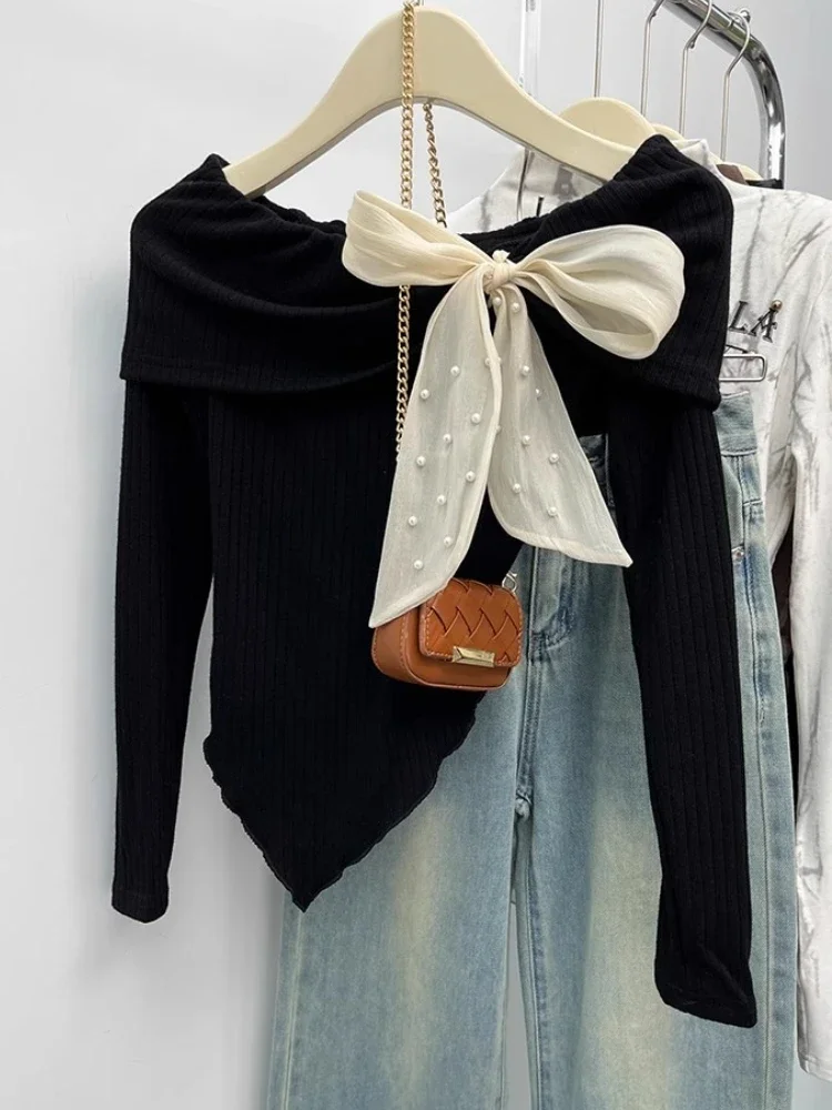 

Sweet Korean Fashion Sweater Women's Bow Tied Off Shoulder Irregular Knitted Pullovers Autumn Winter Chic Sexy Short Crop Tops