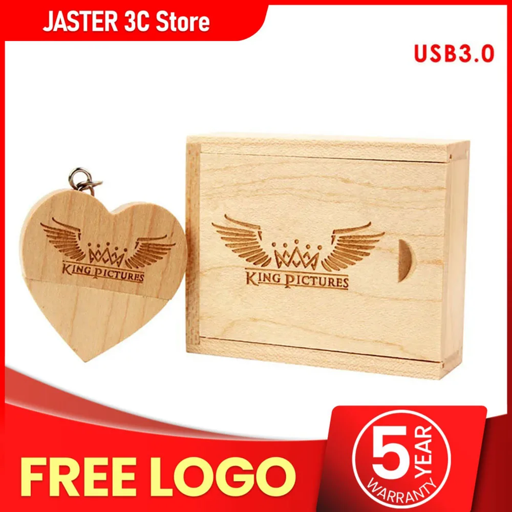 

JASTER USB 3.0 Wooden Heart Flash Drive + Packing Box Pendrive 64GB 16GB 32GB 8GB Photography Wedding Gift 1PCS Free Custom logo