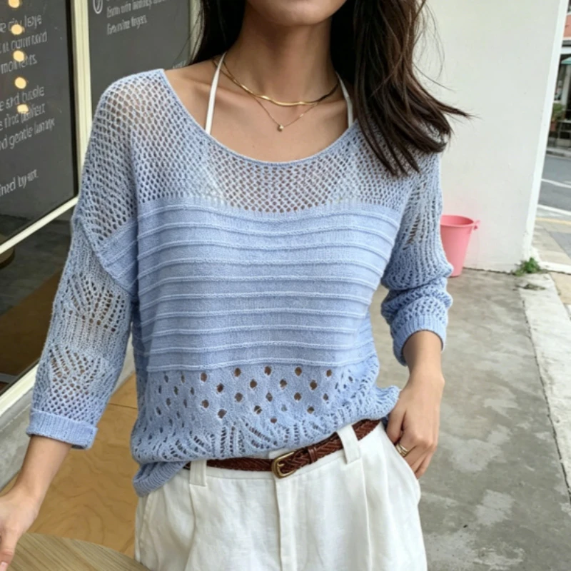 

Summer Korean Style See Through Loose Blouse Casual Women O Neck Covers Hollow Out Tops Female Blusas Mujer Elegant Thin Shirts