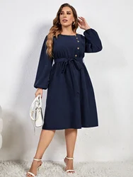 Plus Size Długie rękawy Sukienka damska Moda Solidne guziki z przodu Luźne swobodne sukienki z wycięciem na szyi Pas biodrowy Sukienki imprezowe Suknia letnia