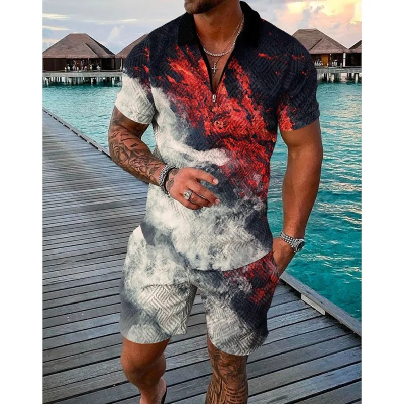 

Summer Gradation Plaid Stripes Print Men's Tracksuit Fashion Casual Zipper Collar Polo Shirt Suits 2 Pcs Sets Man Clothing