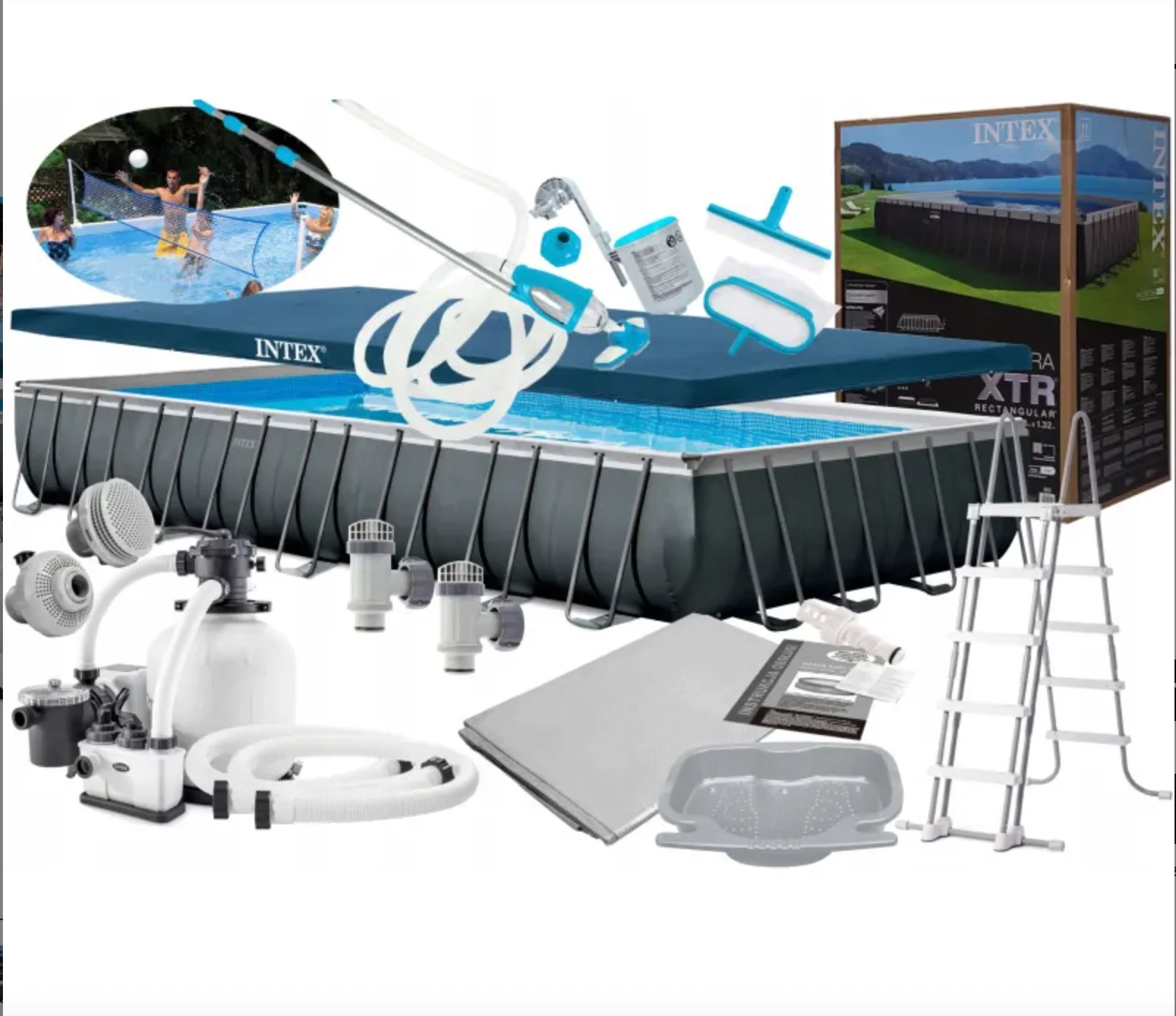 FY Intex 26378 Ultra XTR Rectangular Above Ground Frame Swimming Pool Set, 975x488x132cm Outdoor Family Backyard Pool
