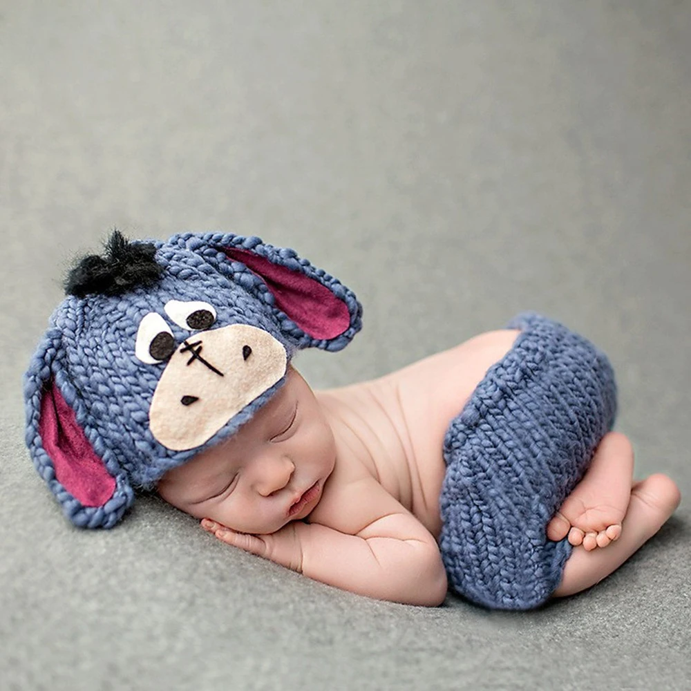 baby-boy-newborn-photography-props-crochet-outfits-accessories-little-donkey-cartoon-blue-hand-woven-0-6-months