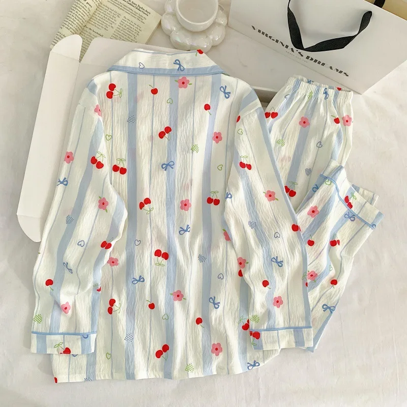 2026 جديد سحابة القطن الكرتون عادية لطيف طويلة الأكمام السراويل قطعتين المرأة المنزل دعوى مجموعة مخطط الكرز القوس طباعة ملابس خاصة #3