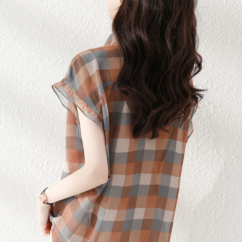 Fashion Plaid Printed Lapel Button Short Sleeve Chiffon Blouse Summer Plus Size Commute Tops Loose Casual Women Clothing Shirt