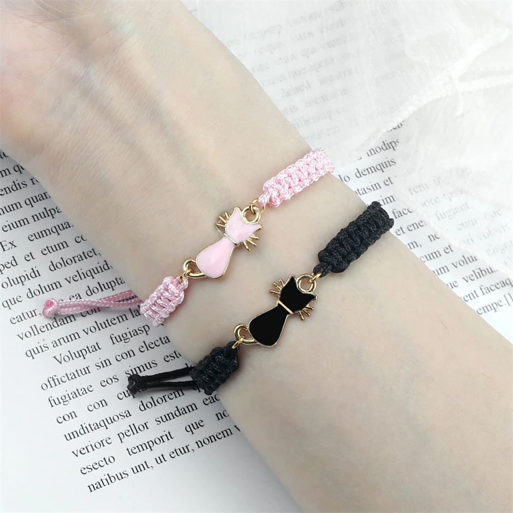 Lucky Red Black Rope Bracelets Handmade Woven Adjustable Wristband Fashion Cute Enamel Cats Pendant Jewelry Gifts for Men Women