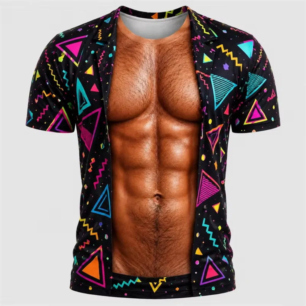 Optical Illusion Fake Muscle 3D Print Tee Unisex Short Sleeve Crew Neck Funny Graphic Tee Casual Holiday Beach Party Daily Wear