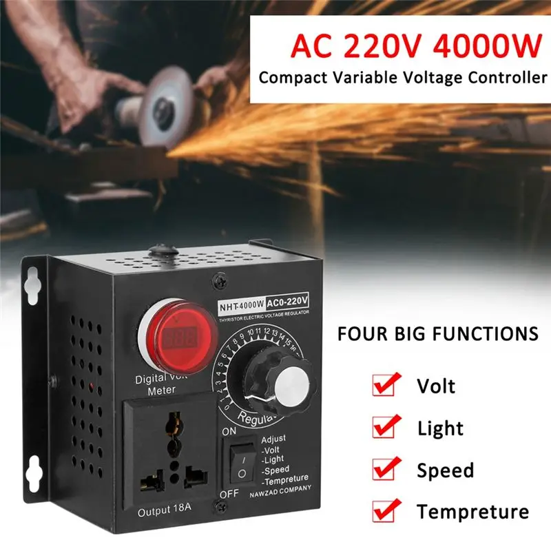 RABIT AS59~ 4000W Compact Variable Voltage Controller Portable SCR Voltage Regulator For Speed Temperature Adjustment EU Plug