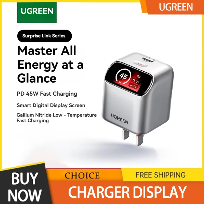 Ugreen X740 45w Gan Charger Display Usb-C Fast Charger 45° Angled Tft Screen Pd3.0 Pps Foldable Plug For Iphone Xiaomi