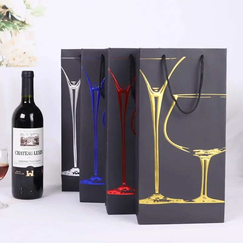 

12pcs Strong Black Cardboard Red Wine Bags Single Double Wine champagne Bag Handbag Wine Bottle Package with Silver Ironing