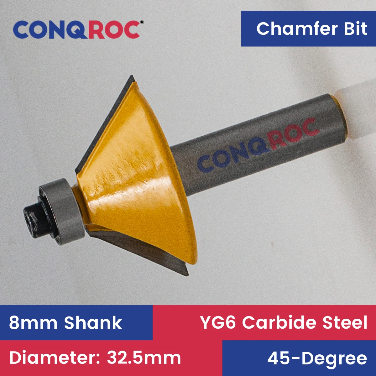 Woodworking 45-Degree Chamfer Router Bit 8mm Shank Diameter-32mm Cutting Length-13mm with Top Bearing