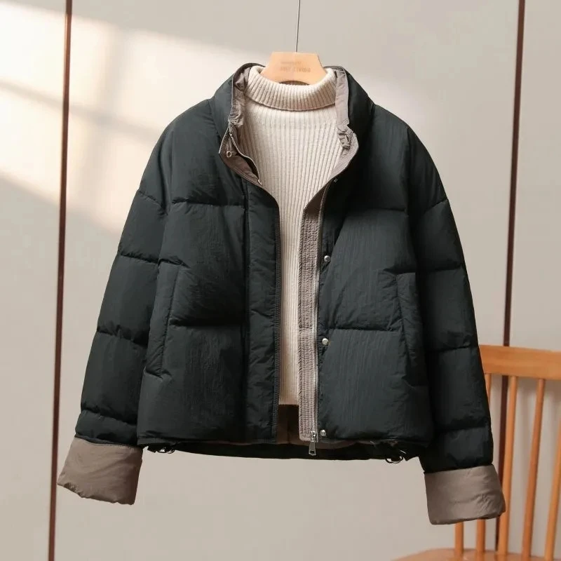 2025 Winter New Short Down cotton Jacket for Women Minimalist Commuting Contrasting Color Stand Collar Design Coat Female Parkas