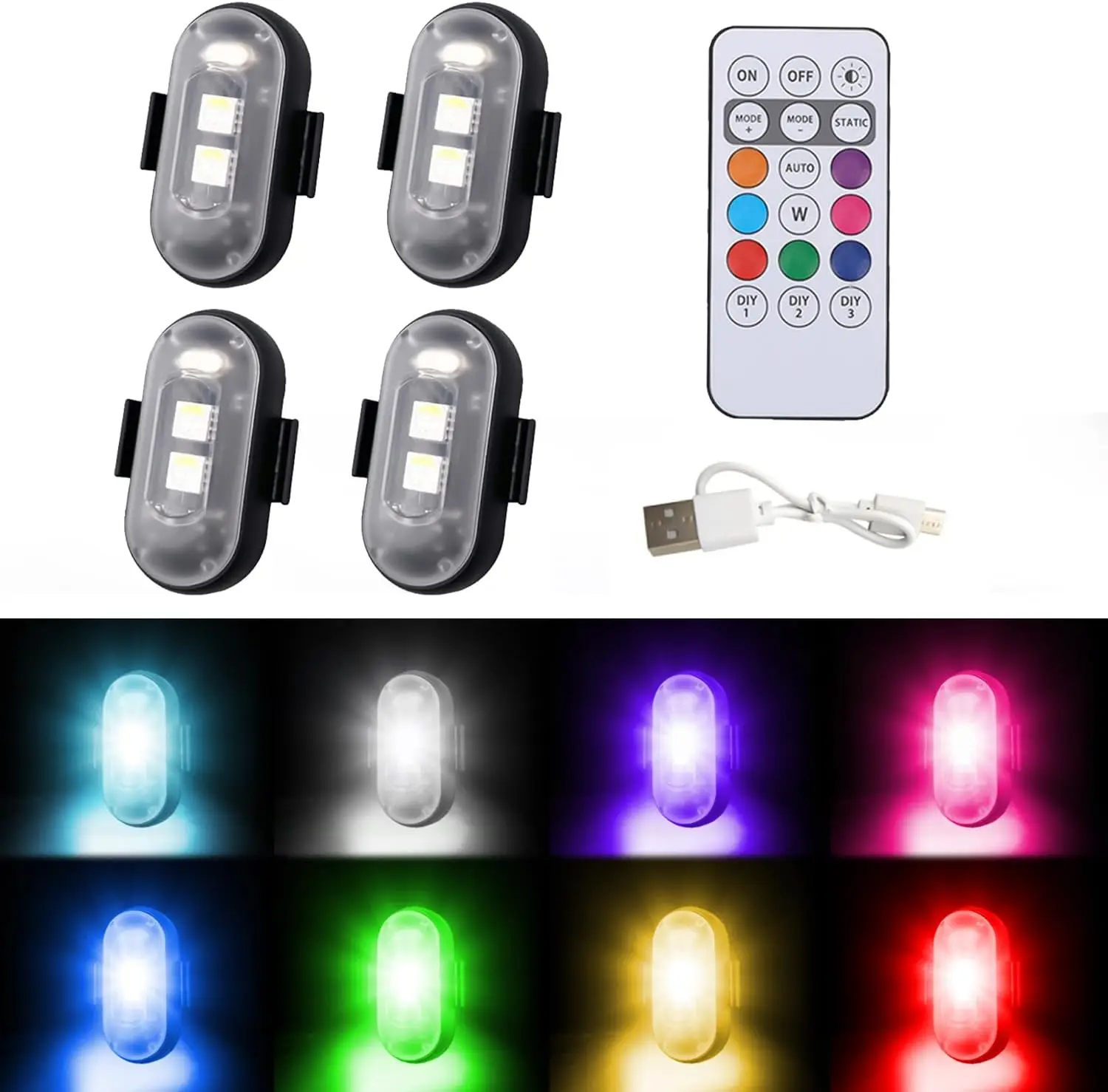 4PCS Wireless Led Strobe Lights With Remote, 8 Colors Wireless Led Anti Collision Lights Rechargeable Emergency Strobe Warning F