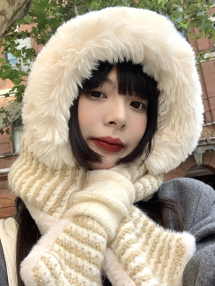 Thickened Autumn Winter Lamb Fur Ear Protector Hat Scarf  Women's Winter Cycling Windproof Warm Neck Warmer Scarf