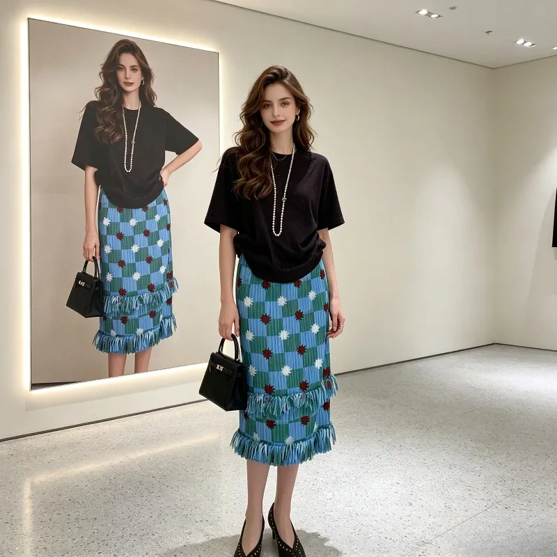 

Miyake Pleated 2026 New Vintage Plaid A-Line Skirt Women's Mid-Length Pleated Tassel Pleated Patchwork Straight Skirt Blue Pleat