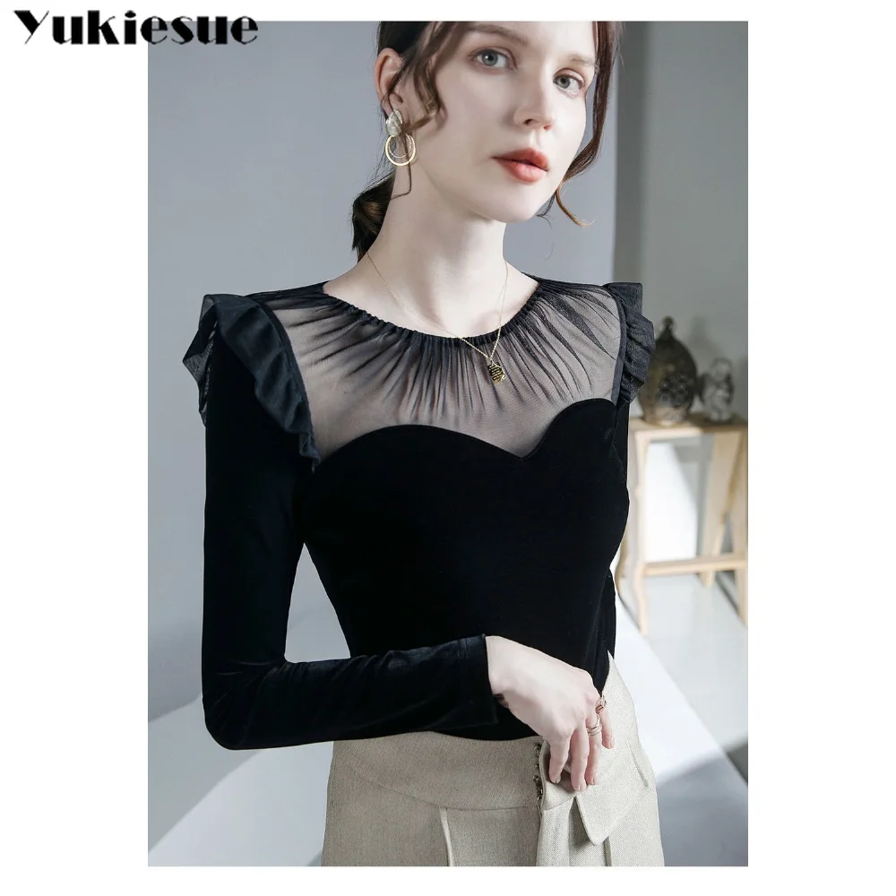 Spring New Women Fashion Harajuku Leisure Patched Mesh Crew Collar Velvet Stretch Elegant T Shirts Lady Ruffles Long Sleeve Tops